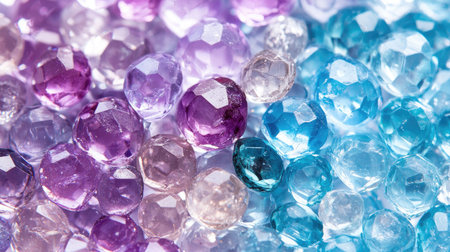 A vibrant collection of colorful faceted glass gems showcasing shades of purple and blue, perfect for crafts, decoration, and artistic projects. The gleaming surfaces reflect light beautifully.の素材
