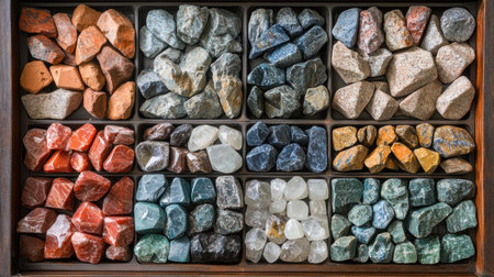 Explore a beautiful assortment of colorful stones and minerals displayed in an organized wooden tray. Ideal for educational purposes, decoration, or collection.の素材