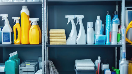 This image showcases a neatly organized shelf filled with bright cleaning products and supplies, perfect for promoting cleanliness and organization in any environment.の素材