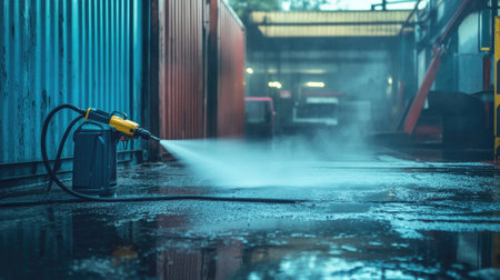 A powerful pressure washer sprays water in an industrial setting, creating mist and showcasing cleaning capabilities on wet pavement surrounded by containers and equipment.の素材