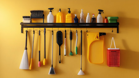 A vibrant display of cleaning tools and supplies arranged neatly on a yellow wall. This image showcases a variety of items essential for home maintenance and organization.の素材