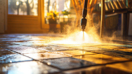 A steam cleaner sprays a fine mist on a tile floor, highlighting the cleaning process in a well-lit indoor space with beautiful plants, showcasing hygiene and maintenance.の素材