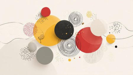 This abstract artwork features vivid geometric shapes and organic lines against a soft neutral backdrop, perfect for creative projects, decor, or modern design applications.の素材