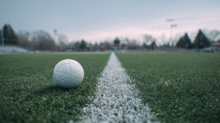 A white soccer ball lies on a vibrant green turf field with a clear white line, framed by a gloomy sky and distant bleachers, perfect for sports visuals.の素材