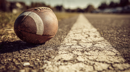 A close-up of a worn football resting on a cracked asphalt road, captured in warm afternoon light, evoking a sense of nostalgia and outdoor leisure.の素材