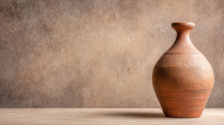 A stylish rustic clay pot sits elegantly against a warm textured background, showcasing earthy tones. This image is ideal for interior design, decoration, and artistic projects.の素材