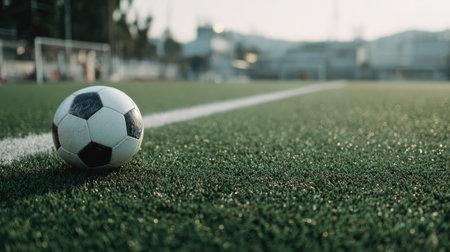 A close-up view of a classic soccer ball resting on vibrant green turf. The blurred goal in the background suggests a lively game scene, ideal for sports themes.の素材