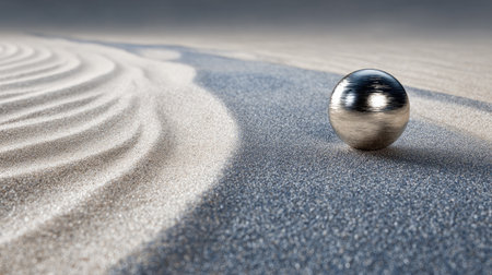 A stunning metallic sphere rests on a smooth sand surface, beautifully contrasting against the gentle ripples. This abstract image captures geometry and nature's harmony.の素材