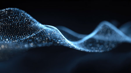 This image features an abstract digital wave composed of glowing particles, symbolizing movement and energy in a dark environment. Perfect for technology themes.の素材