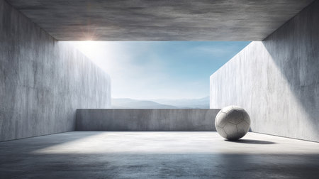 A minimalist interior space with a soccer ball resting on a smooth concrete floor, illuminated by natural light pouring through open walls, evoking a sense of tranquility.の素材