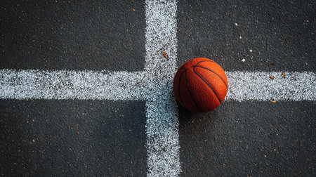 A vibrant orange basketball rests on a textured black court marked by white lines, symbolizing the spirit of sport, competition, and community engagement in urban spaces.の素材