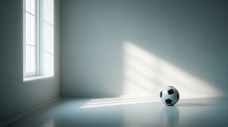 An airy interior space illuminated by sunlight filtering through a window, showcasing a lone soccer ball on the polished floor, creating a serene atmosphere for play or reflection.の素材
