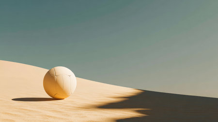A solitary volleyball rests on a golden sand dune under a clear blue sky, creating a sense of isolation and tranquility in this serene desert landscape.の素材