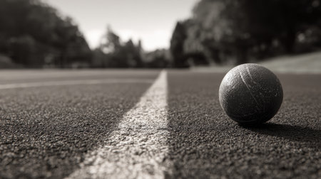 This black and white image captures a solitary ball on a sports court, focusing on its texture and the clear line ahead, creating a peaceful yet dynamic atmosphere.の素材