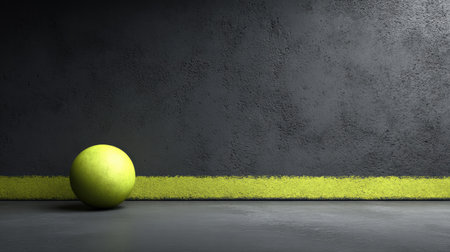 A minimalistic scene featuring a vibrant yellow ball against a textured dark wall, contrasted by a vivid yellow line, perfect for creative and artistic projects.の素材