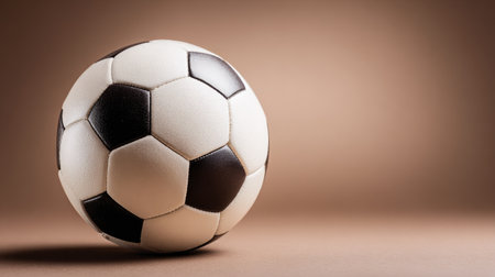 A classic soccer ball featuring black and white panels resting on a smooth, neutral background. Ideal for sports-related designs, advertisements, or creative projects.の素材