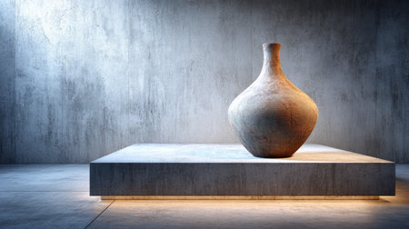 A striking clay vase featured on a sleek display pedestal, illuminated by soft lighting to enhance its texture and design, perfect for modern interior decor.の素材