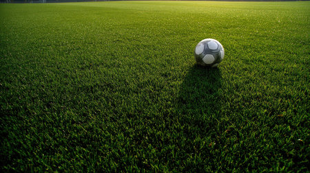 A single soccer ball rests on vibrant green grass of a well-maintained field, creating a serene scene filled with subtle shadow effects from evening sunlight.の素材