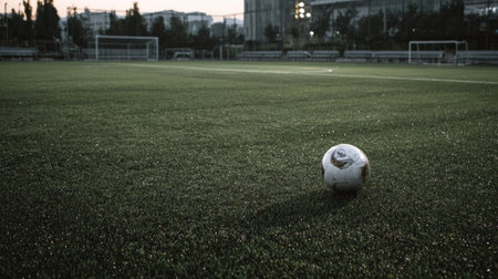 A solitary soccer ball rests on a lush green artificial turf field at dusk, surrounded by empty goals. The scene captures the essence of outdoor sports and leisure.の素材