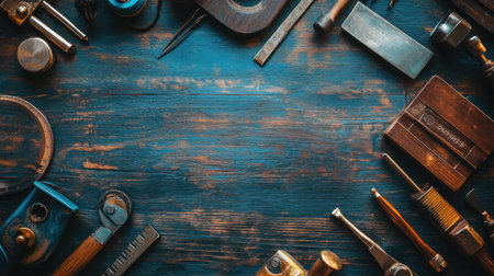 A captivating arrangement of vintage tools on a rustic wooden workbench, ideal for showcasing craftsmanship, creativity, and DIY projects in artistic settings.の素材
