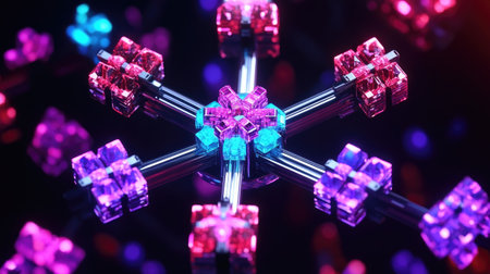 This vibrant 3D illustration showcases colorful geometric shapes with neon glows against a dark background, creating a visually striking and modern aesthetic.の素材