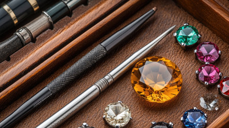A captivating arrangement of colorful gemstones and crafting tools on a wooden surface. The vibrant hues and intricate details provide inspiration for designers and artisans.の素材