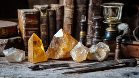 A stunning arrangement of illuminated quartz crystals in various shapes and sizes, accompanied by vintage books and tools on a rustic wooden table, showcasing nature's beauty.の素材