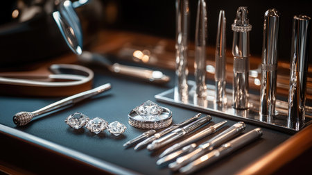 A stunning flat lay showcasing elegant writing accessories and exquisite jewelry, featuring sparkling diamonds and sleek silver pens, perfect for luxury and style.の素材