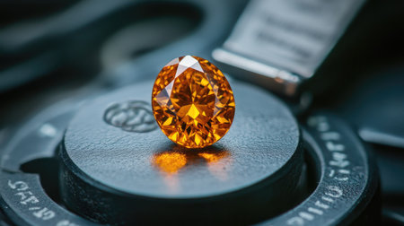 A breathtaking orange oval cut gemstone sparkles beautifully on a display surface, showcasing its vibrant color and elegant brilliance in a captivating close-up.の素材