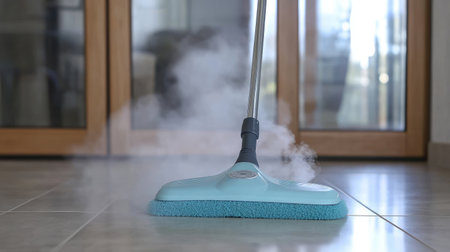 A steam cleaning tool efficiently sanitizes floor surfaces, showcasing modern cleaning solutions that promote hygiene and comfort in daily household routines.の素材