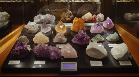 This captivating image showcases a vibrant collection of colorful minerals displayed in a museum, featuring unique crystal formations and textures.の素材