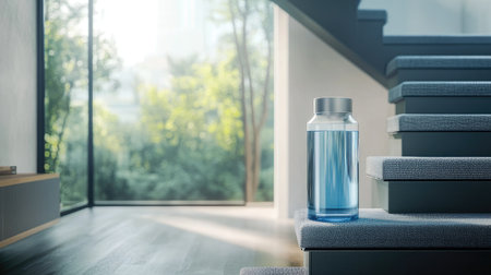 A clear glass bottle filled with blue water rests on a modern staircase, beautifully illuminated by natural light from a large window, offering a peaceful garden view.の素材