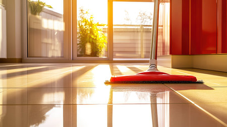 A vibrant morning light floods a modern home as a red mop cleans shiny floor tiles, showcasing an organized and bright living space filled with freshness.の素材