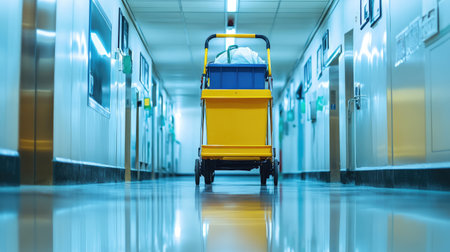 A vibrant and well-maintained hospital corridor showcasing a cleaning cart filled with supplies, representing diligence and commitment to a healthy environment.の素材