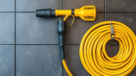 A bright yellow garden hose and sprayer lie on a sleek dark tile background, showcasing modern equipment for gardening and maintenance tasks in outdoor spaces.の素材