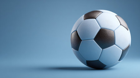 A detailed soccer ball rests on a smooth blue background, highlighting its textured surface and classic black and white pattern, perfect for sports-themed projects.の素材