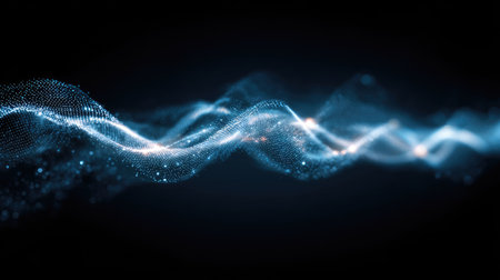This image presents an abstract view of blue wave particles in motion, creating a captivating scene that embodies technology and digital innovation against a dark backdrop.の素材