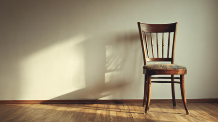 A solitary vintage wooden chair stands against a plain wall, creating a tranquil atmosphere. The soft shadow adds depth, making it an ideal representation of simplicity and nostalgia.の素材
