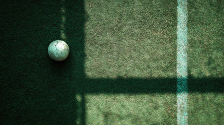 A peaceful moment on a soccer field, showcasing a single ball on lush green turf, highlighting the beauty of sports and the vibrant energy of play.の素材
