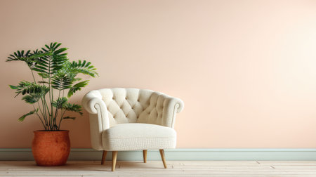 A beautiful interior scene featuring a cream tufted couch beside a lush green plant in a terracotta pot against a light peach wall. Ideal for design inspiration.の素材