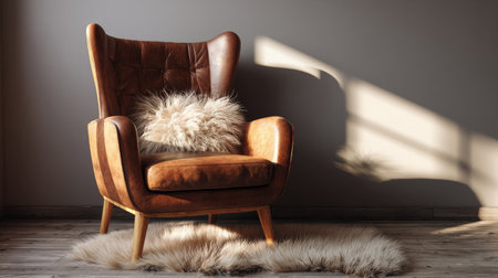 This image captures a cozy leather armchair adorned with a plush pillow, placed on a soft rug. Gentle shadows dance across the warm interior during golden hour.の素材