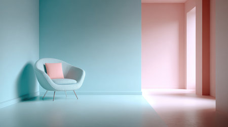 A serene interior scene showcasing a stylish armchair with a pink cushion in a pastel blue and pink setting, perfect for modern decor and design inspiration.の素材