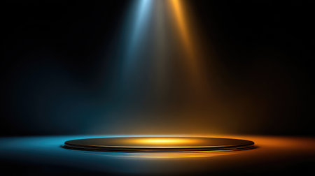 A captivating scene of a circular platform under dramatic spotlight effects with vibrant colors. Ideal for creative projects, performances, and artistic presentations.の素材
