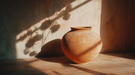 A warm-toned terra cotta pot sits elegantly in natural light, casting delicate shadows on a textured wall, evoking a serene and artistic ambiance in any interior space.の素材