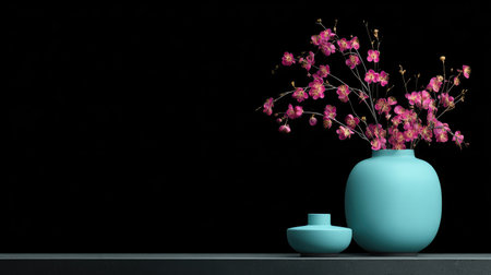 This image features a stylish turquoise vase holding a fresh pink flower arrangement against a striking dark background, making it ideal for decor inspiration.の素材