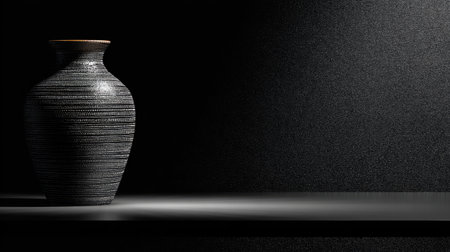 This striking black and white decorative vase is elegantly showcased on a minimalist shelf, enhanced by soft lighting and a dark textured background, perfect for modern decor.の素材