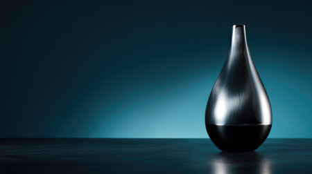 A striking black vase with smooth curves stands on a minimalist surface, complemented by a soft teal background that enhances its elegant design and modern aesthetic.の素材