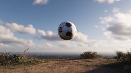 A soccer ball hovers above a dirt path in a picturesque landscape, framed by gentle grass and a clear sky filled with soft clouds, invoking a sense of play and freedom.の素材