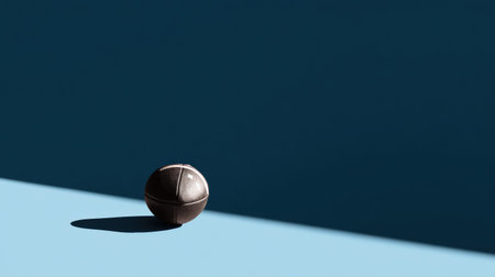 This image captures a dark sports ball resting on a soft blue surface, showcasing minimalist aesthetics. The sharp shadows create a dynamic contrast for visual interest.の素材