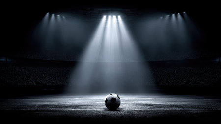 Captivating scene featuring a single soccer ball illuminated by dramatic spotlights in a dark stadium, creating a powerful atmosphere for sports and competition themes.の素材